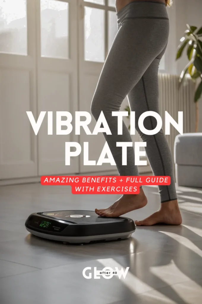 Woman standing on a vibration plate in grey leggings. Text overlay reads: "Vibration Plate: Amazing Benefits + Full Guide With Exercises." Featured image for a blog post about lymphatic drainage and vibration therapy for women over 40.
