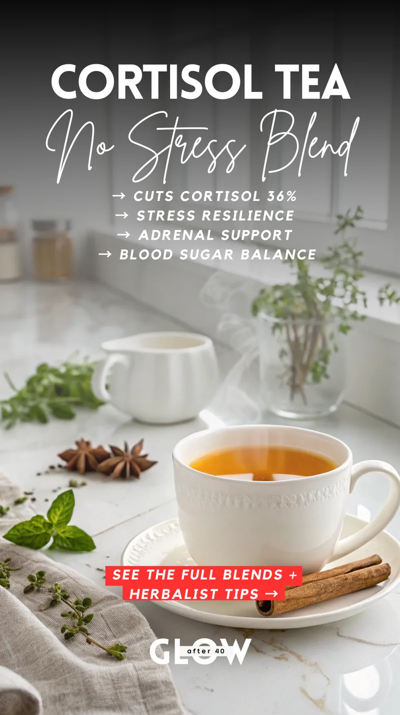 A white cup of herbal cortisol tea with star anise, cinnamon sticks, and fresh herbs on a marble counter.