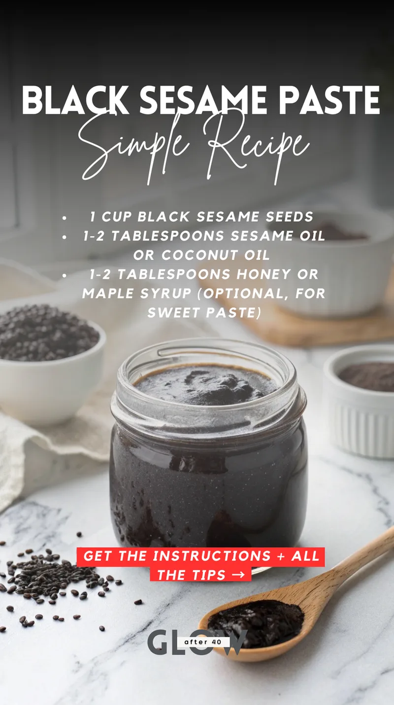 A glass jar filled with smooth, dark black sesame paste next to a wooden spoon. The image includes a simple recipe list: 1 cup black sesame seeds, 1 to 2 tablespoons of sesame or coconut oil, and optional honey or maple syrup for sweetness.