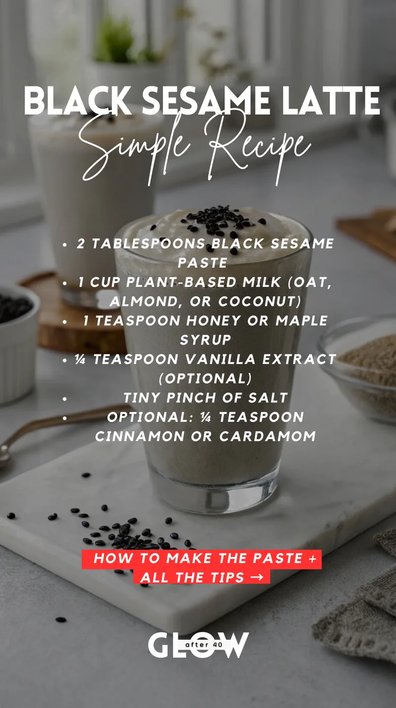 A tall glass of creamy gray black sesame latte topped with a sprinkle of black seeds. The overlay lists ingredients: 2 tablespoons black sesame paste, 1 cup plant-based milk, honey, vanilla extract, a pinch of salt, and optional cinnamon or cardamom.