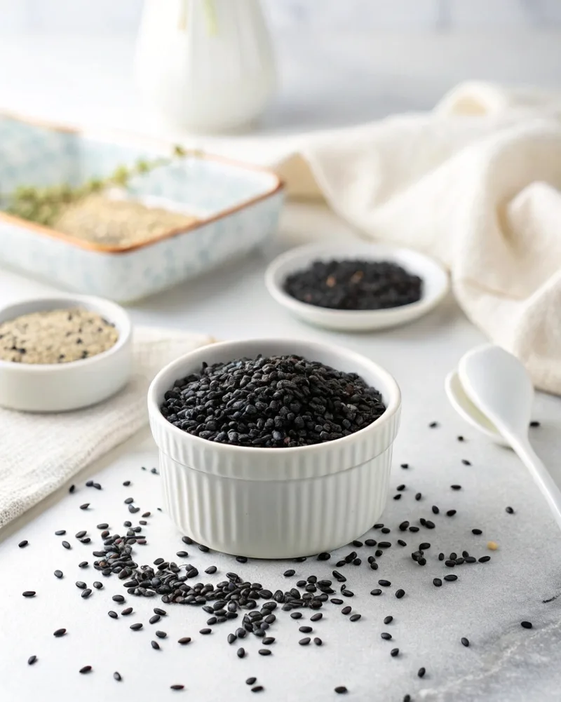 A high-angle professional food photograph featuring a central white ribbed bowl overflowing with black sesame seeds. Some seeds are scattered on a white marble countertop, with blurred bowls of white and black seeds in the background, creating a clean and bright aesthetic.