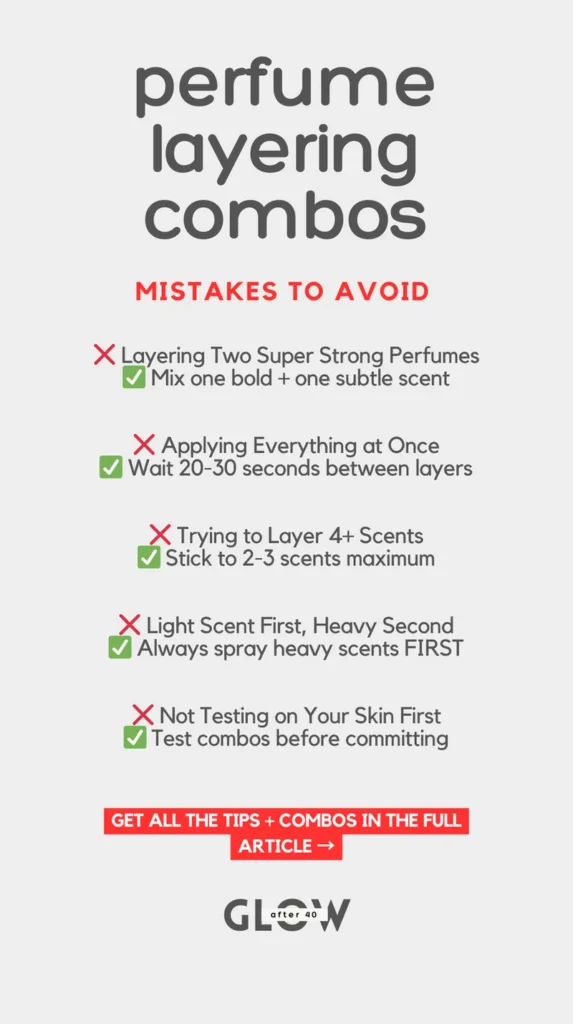 List of common perfume layering mistakes to avoid such as mixing two strong scents or not testing on skin first.