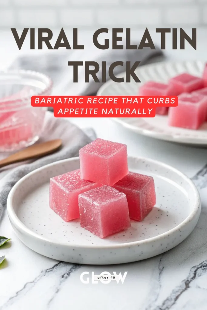 Close up of pink gelatin cubes on a white plate a natural remedy for curbing appetite and supporting collagen production.