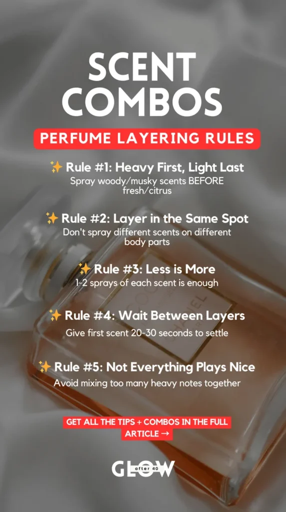 Infographic showing five perfume layering rules including spraying heavy scents first and layering in the same spot.