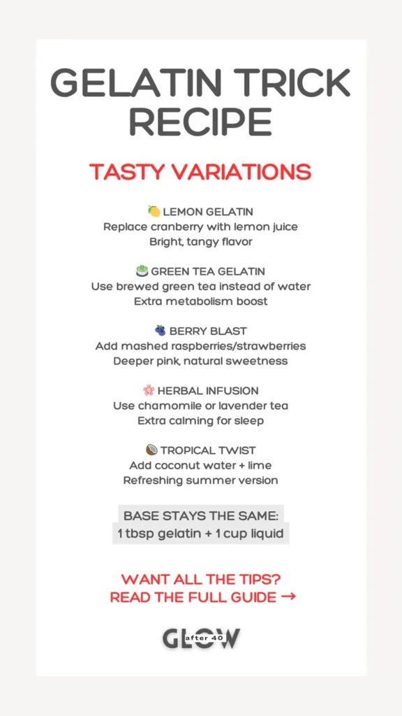 Infographic showing 5 healthy gelatin cube flavor variations including lemon green tea berry blast and herbal tea for cortisol reduction and appetite control.