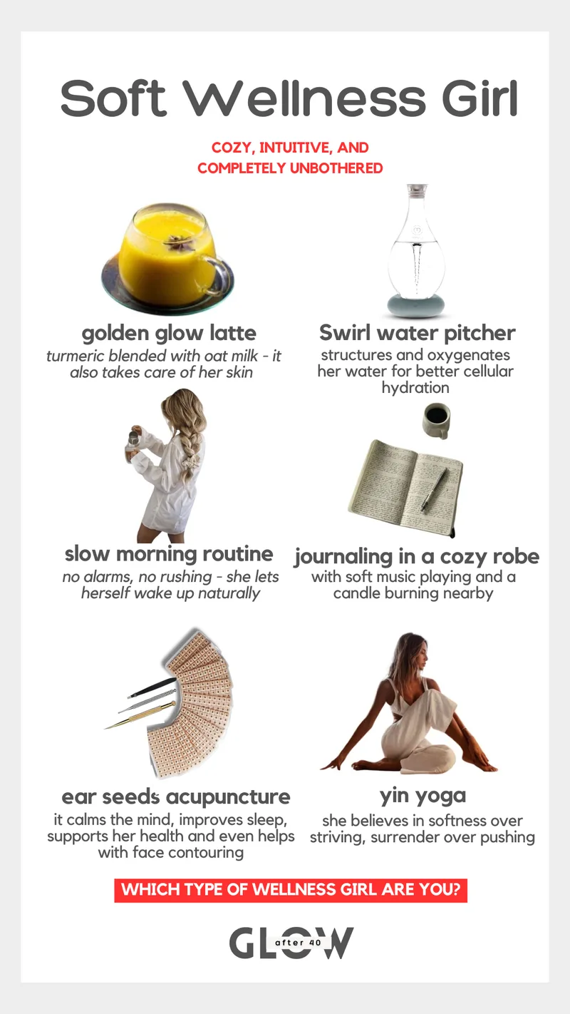 Infographic titled Soft Wellness Girl featuring six cozy and intuitive wellness items. The visual includes a golden glow latte, a swirl water pitcher, a woman in a white shirt doing a slow morning routine, an open journal with a pen, ear seeds acupuncture, and a woman practicing yin yoga. The text describes this personality as cozy, intuitive, and completely unbothered.
