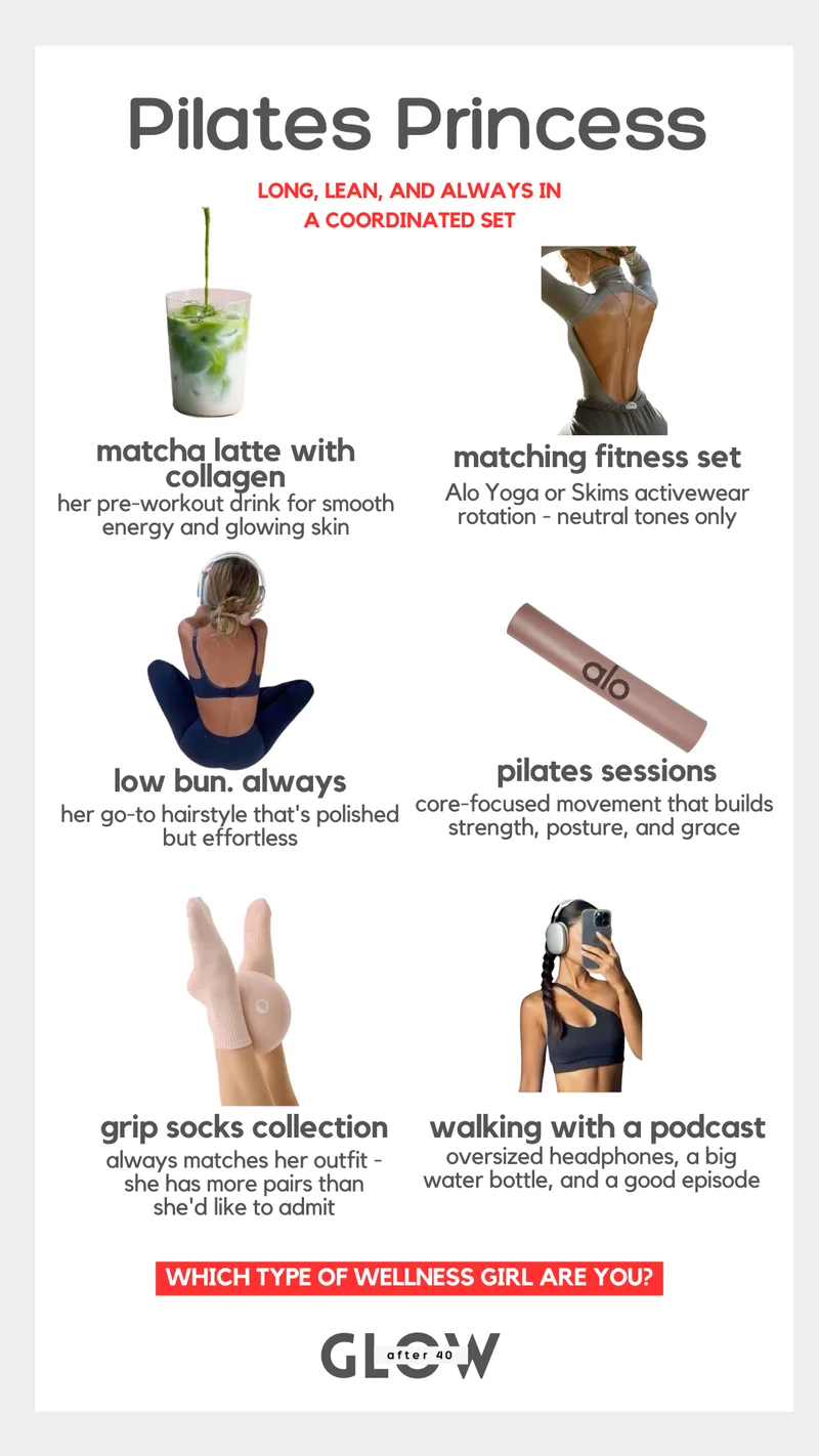 Infographic titled Pilates Princess detailing six fitness and wellness items. It features a matcha latte with collagen, a matching neutral fitness set, a woman with a low bun hairstyle, an Alo yoga mat for pilates sessions, a pair of pink grip socks, and a woman walking with oversized headphones for a podcast walk. The text describes her as long, lean, and always in a coordinated set.