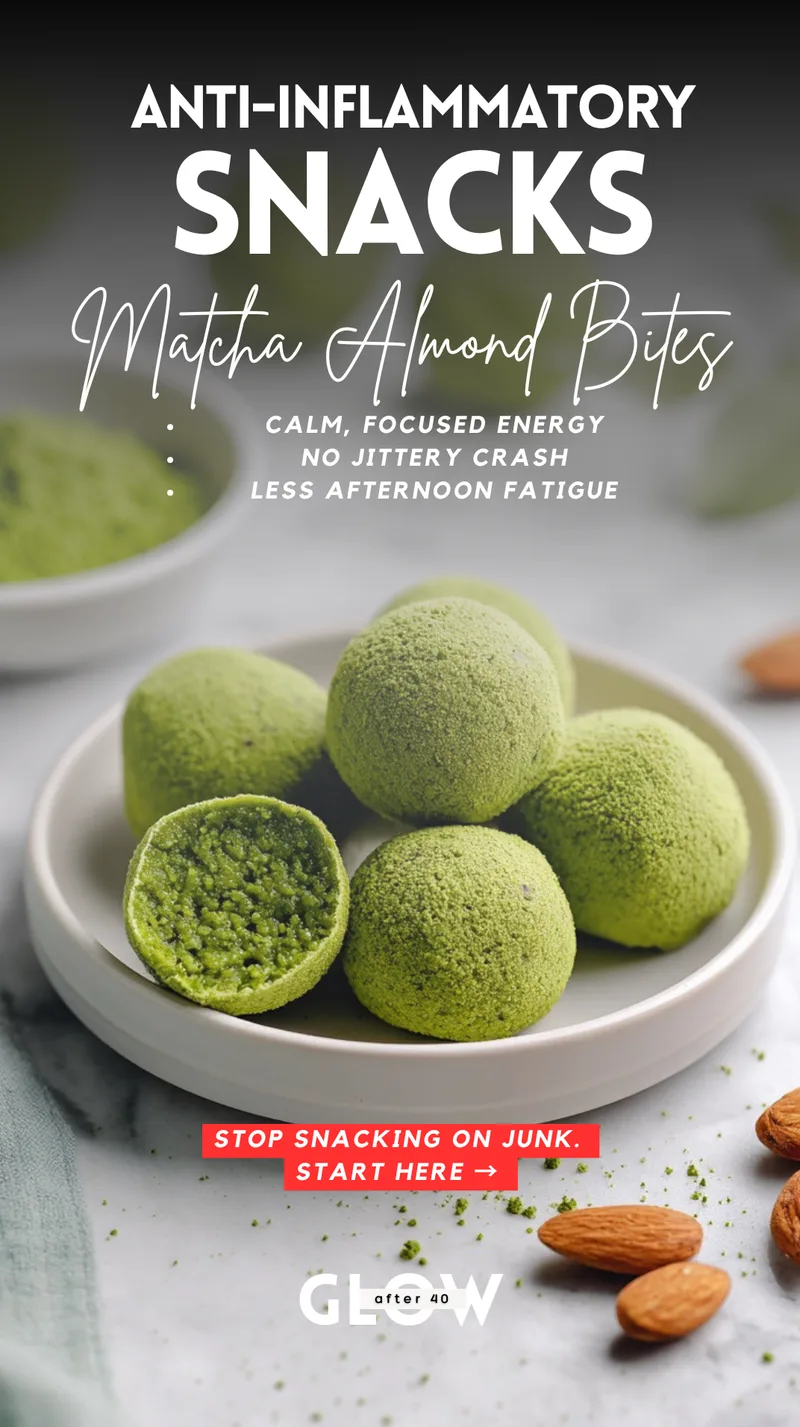 A shallow white dish filled with round, bright green matcha-dusted energy bites, with one bite cut in half to reveal a dense, green almond mixture inside. Text overlays highlight calm focused energy, no jittery crash, and less afternoon fatigue.