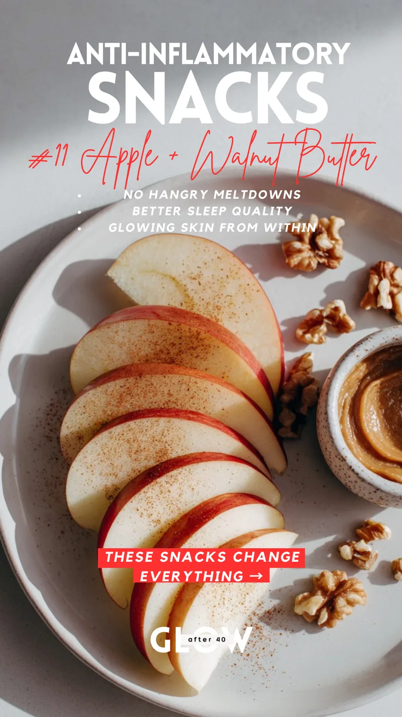 A white plate featuring sliced apples dusted with cinnamon, surrounded by scattered walnut halves and a small textured bowl of creamy walnut butter resting in warm sunlight. Text overlays highlight anti-inflammatory snack benefits such as no hangry meltdowns, better sleep quality, and glowing skin from within.