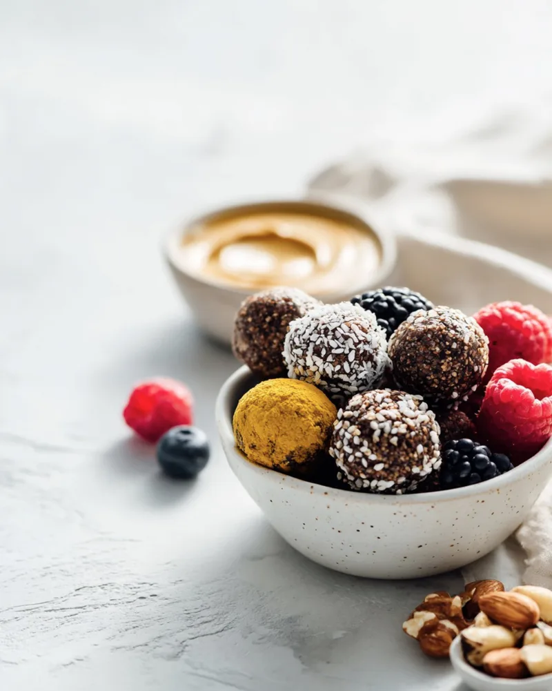 A white speckled bowl filled with an assortment of energy bites, including coconut-coated, turmeric-dusted, and dark chocolate seed balls, mixed with fresh red raspberries and blackberries. A small dish of creamy nut butter sits blurred in the background, with a small spoonful of raw almonds and walnuts in the foreground on a textured white surface.