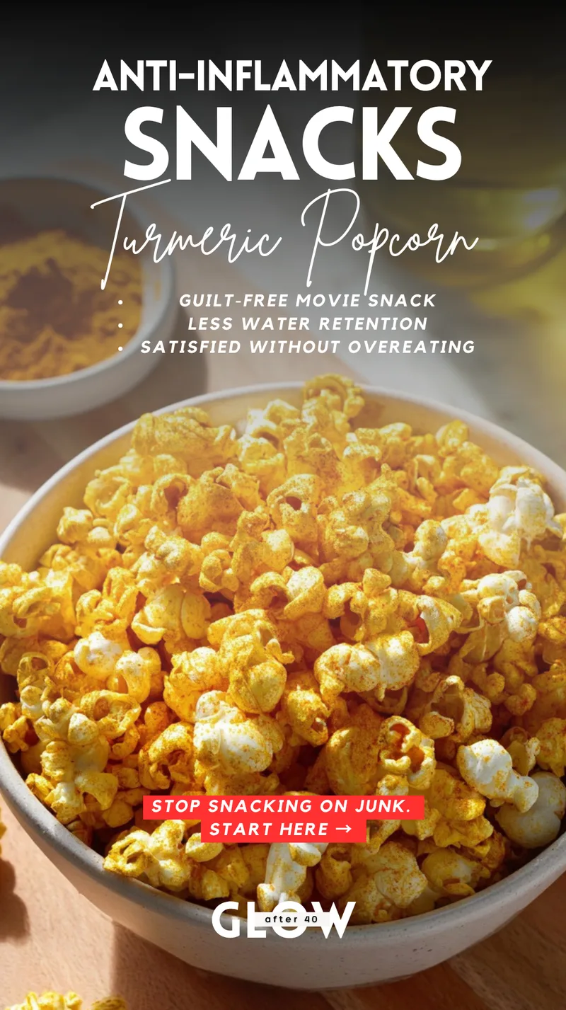 A large, earthy bowl overflowing with bright yellow, turmeric-seasoned stovetop popcorn sitting on a wooden surface bathed in warm sunlight. Text overlays describe the popcorn as a guilt-free movie snack that helps with less water retention and keeps you satisfied without overeating.
