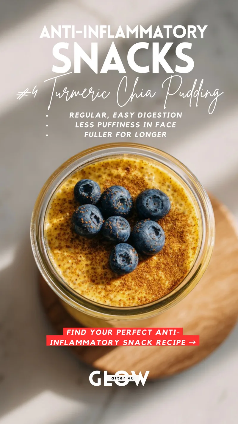 A top-down view of a glass jar filled with yellow turmeric chia pudding, dusted with cinnamon and topped with a cluster of fresh blueberries, resting on a round wooden coaster. Text overlays list benefits including regular digestion, less puffiness in the face, and feeling fuller for longer.