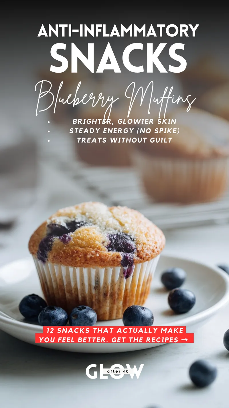 A freshly baked blueberry muffin in a white paper liner sitting on a small white plate, surrounded by scattered fresh blueberries. Text overlays promote benefits like brighter skin, steady energy without a spike, and guilt-free treats.