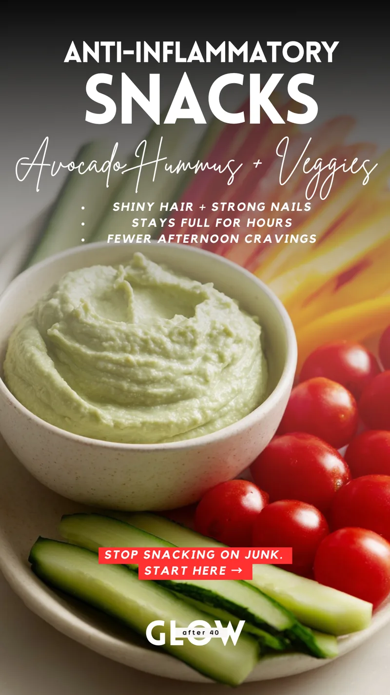 A white bowl filled with creamy, pale green avocado hummus, accompanied by a colorful assortment of cucumber sticks, red cherry tomatoes, and sliced bell peppers. Text overlays emphasize benefits such as shiny hair, strong nails, staying full for hours, and fewer afternoon cravings.