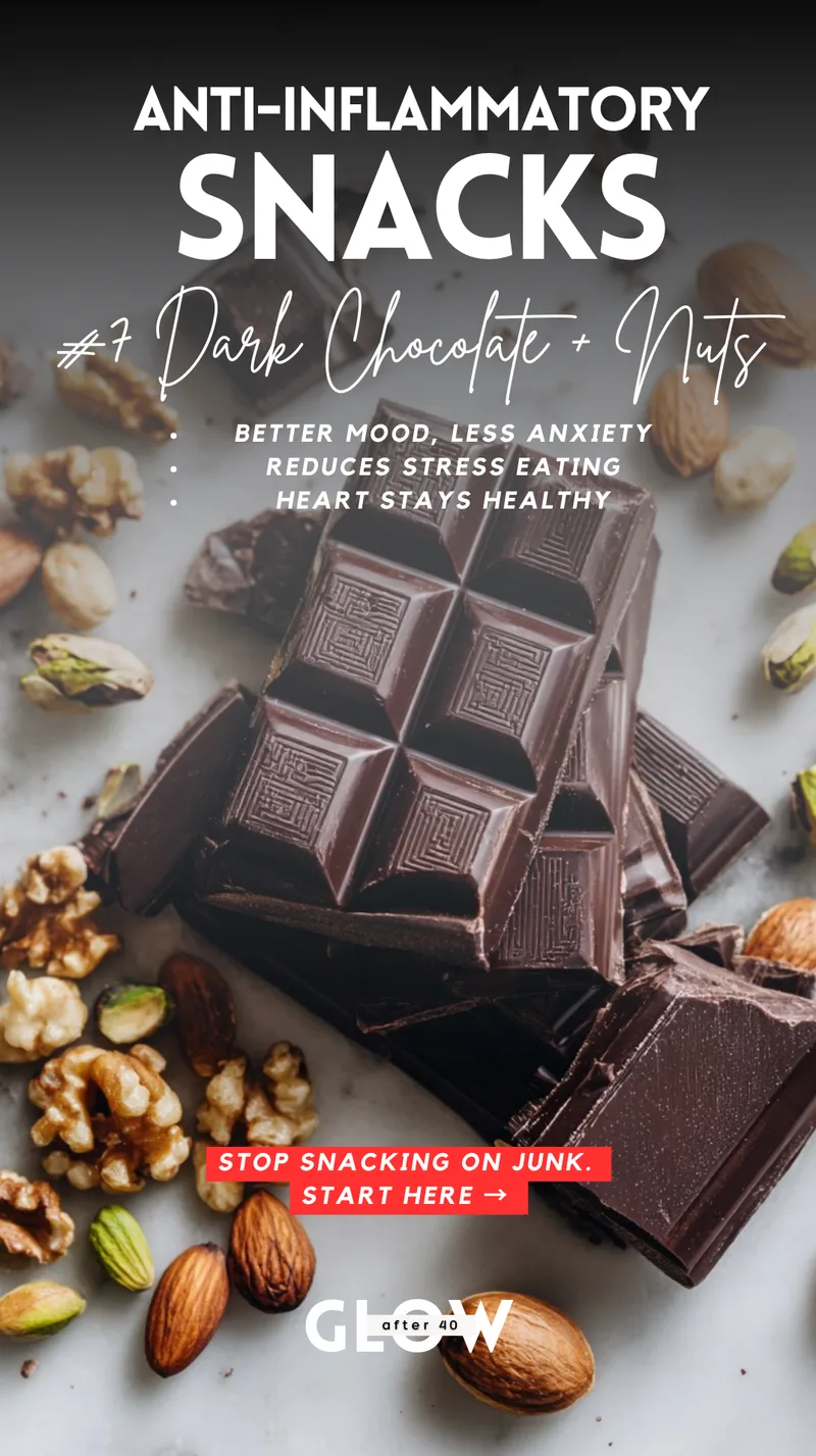 A stack of dark chocolate squares with geometric patterns, placed next to a scatter of raw walnuts, almonds, and green pistachios on a marble surface. Text overlays highlight benefits like better mood, less anxiety, reduced stress eating, and a healthy heart.