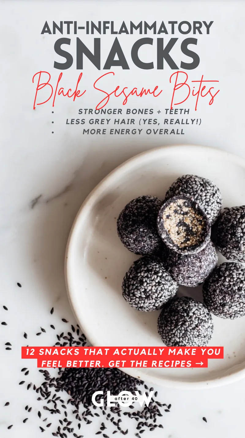 A small white plate holding several round energy bites completely coated in black sesame seeds, with one bite broken open to show a lighter, textured inside. Loose black sesame seeds are scattered around the plate. Text overlays note benefits including stronger bones, less grey hair, and more overall energy.