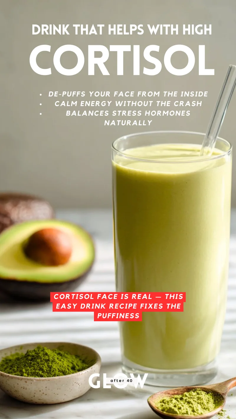 A glass of green smoothie with a clear straw surrounded by half an avocado and a bowl of matcha powder, with text overlay describing the drink's benefits for high cortisol and puffiness.