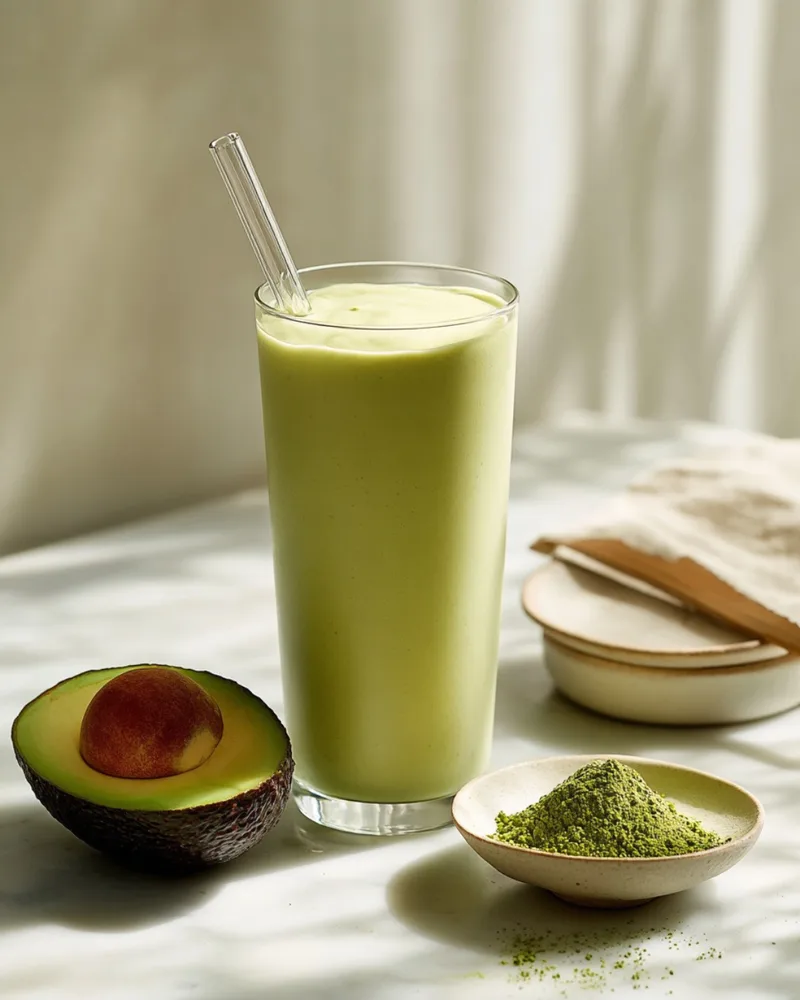 A tall glass of creamy green smoothie with a glass straw, next to a halved avocado and a small bowl of green matcha powder on a sunlit marble counter.