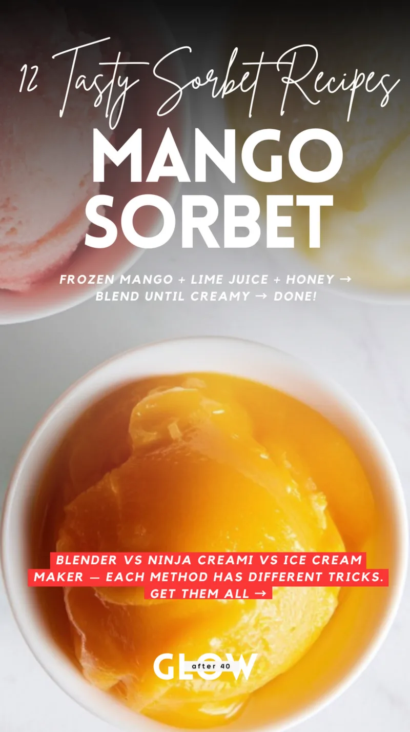 A clean white ceramic bowl filled with a creamy scoop of vibrant orange mango sorbet, set against a bright minimalist background.