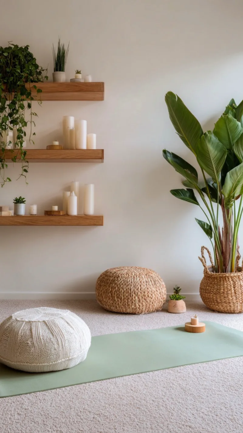 A minimalist, grounded zen den meditation corner featuring a sage green yoga mat, a white knit floor cushion, a round jute pouf, and a tall bird of paradise plant in a woven basket. Three floating wooden shelves on a white wall hold various white pillar candles and small trailing plants.