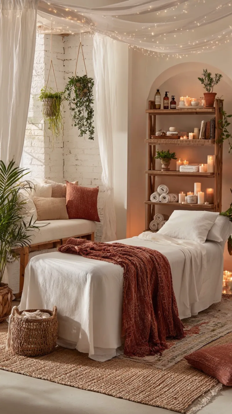 A luxury home spa room containing a massage table dressed in white linens and a terracotta patterned throw blanket. The space features an exposed white brick wall, an arched recessed shelving unit filled with towels, candles, and oils, hanging green plants, and a comfortable daybed sofa with rust-colored pillows in the background.