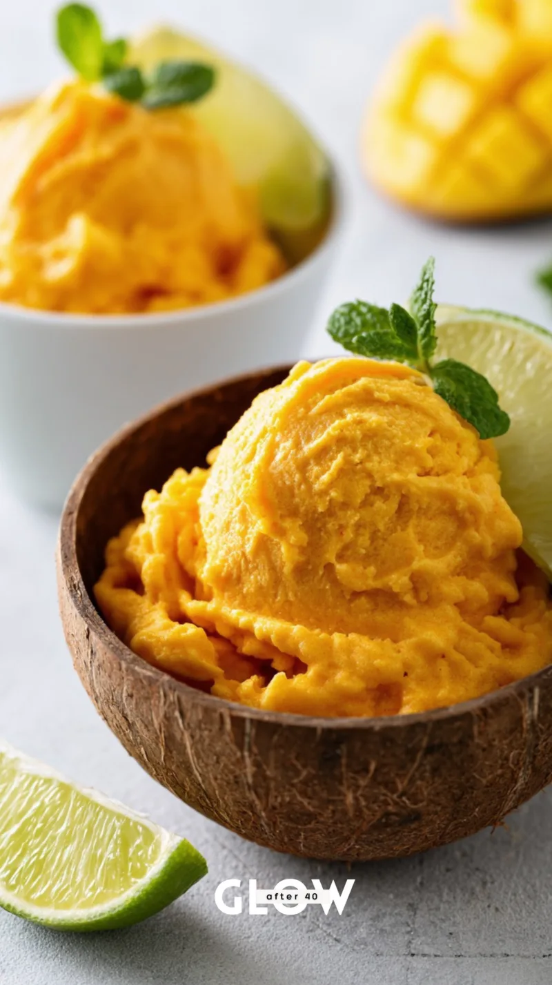 Bright yellow mango-lime sorbet served uniquely inside a rustic textured coconut shell bowl, styled with fresh lime wedges and mint.