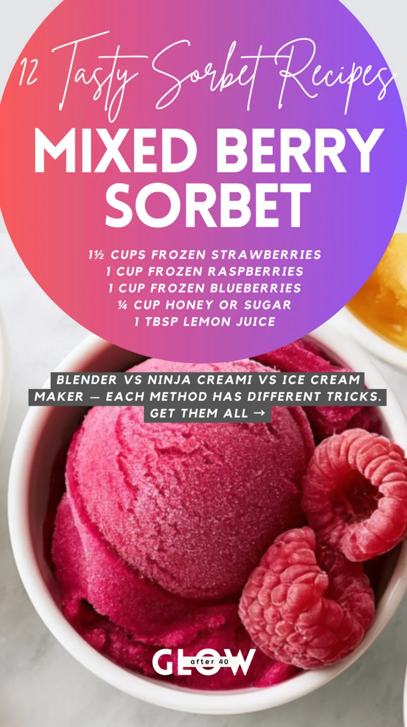 A white ceramic bowl holding a dense, velvety scoop of vibrant magenta-pink mixed berry sorbet, garnished with two fresh raspberries on the side.