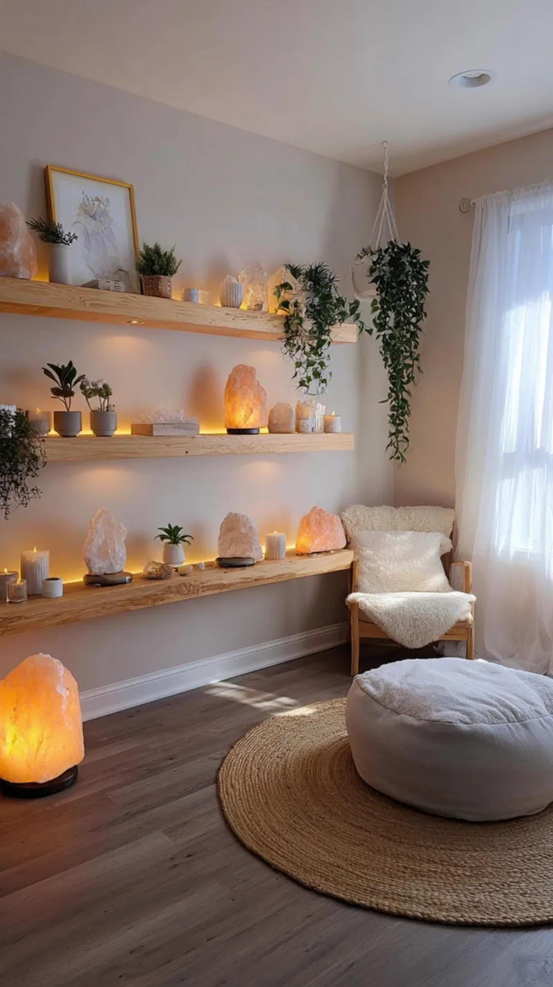 A modern healing room featuring warm wood floating shelves lit from underneath with glowing LED strip lights. The shelves display several glowing Himalayan salt lamps, crystals, and small potted plants. A cozy armchair with a white faux fur throw sits in the corner next to a round jute rug and an oversized cream floor pouf on dark wood floors.