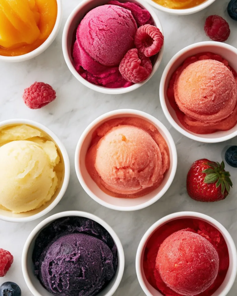 Flat-lay grid view of seven small white ceramic bowls filled with multi-colored fruit sorbets on a white marble countertop with scattered berries.