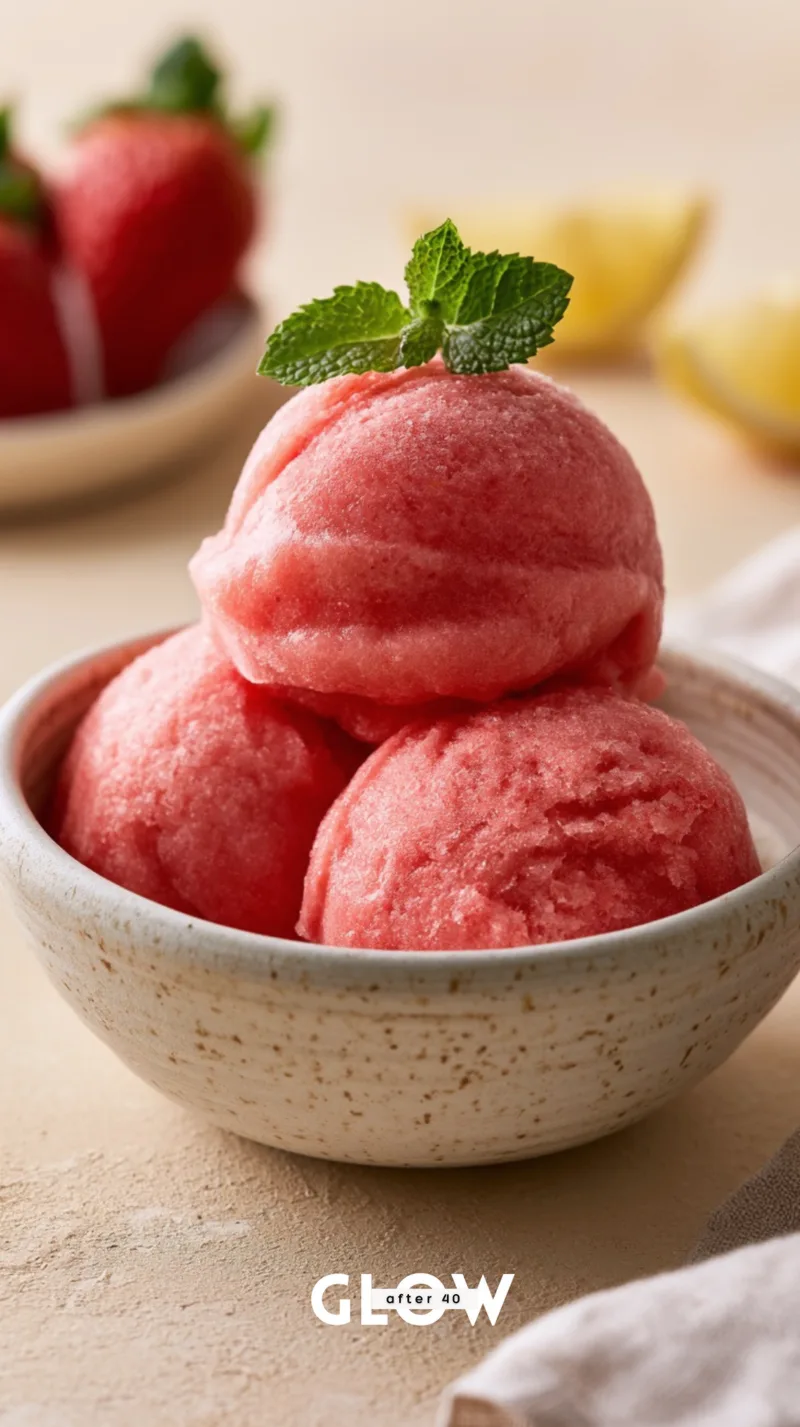 Three stacked scoops of light pinkish-red strawberry-lemon sorbet inside a speckled cream ceramic bowl, topped with a fresh green mint sprig.