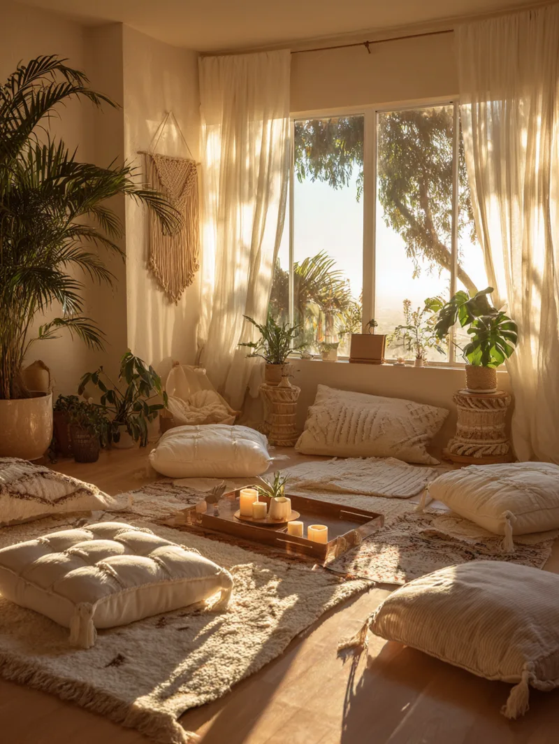 A wide, sunlit meditation room with bright golden sunset light streaming through large windows with sheer white curtains. Multiple tufted cream floor cushions and woven pillows are arranged across layered area rugs. A low wooden tray holding burning candles rests in the center, surrounded by large tropical indoor plants and a macramé wall hanging.