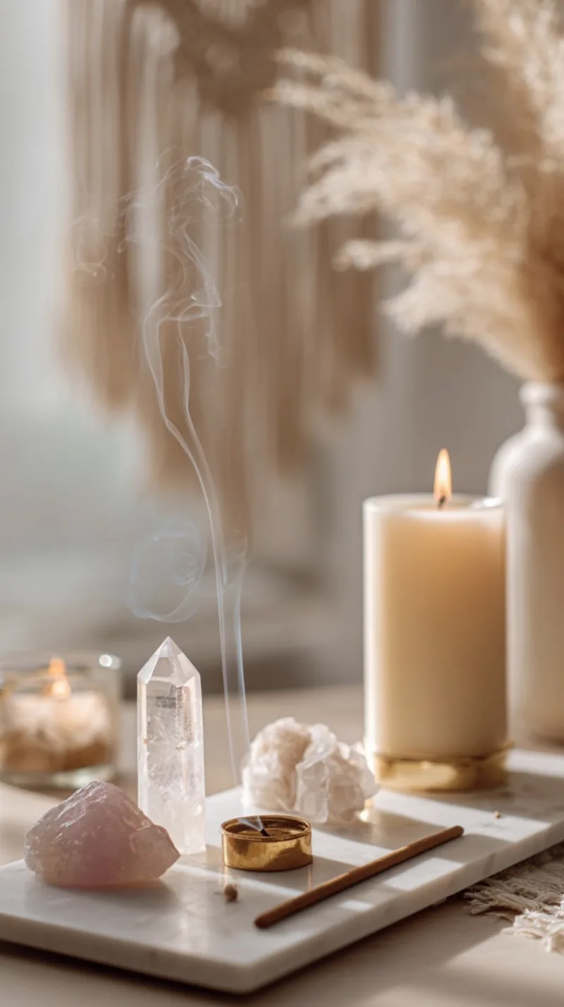 A close-up macro shot of a daily meditation ritual altar setup on a white marble tray. A single stick of incense burns in a small brass holder, sending a plume of white smoke into the air past a clear quartz crystal point and a raw pink rose quartz crystal. A tall, lit white pillar candle glows in the background in front of a blurred macramé hanging.