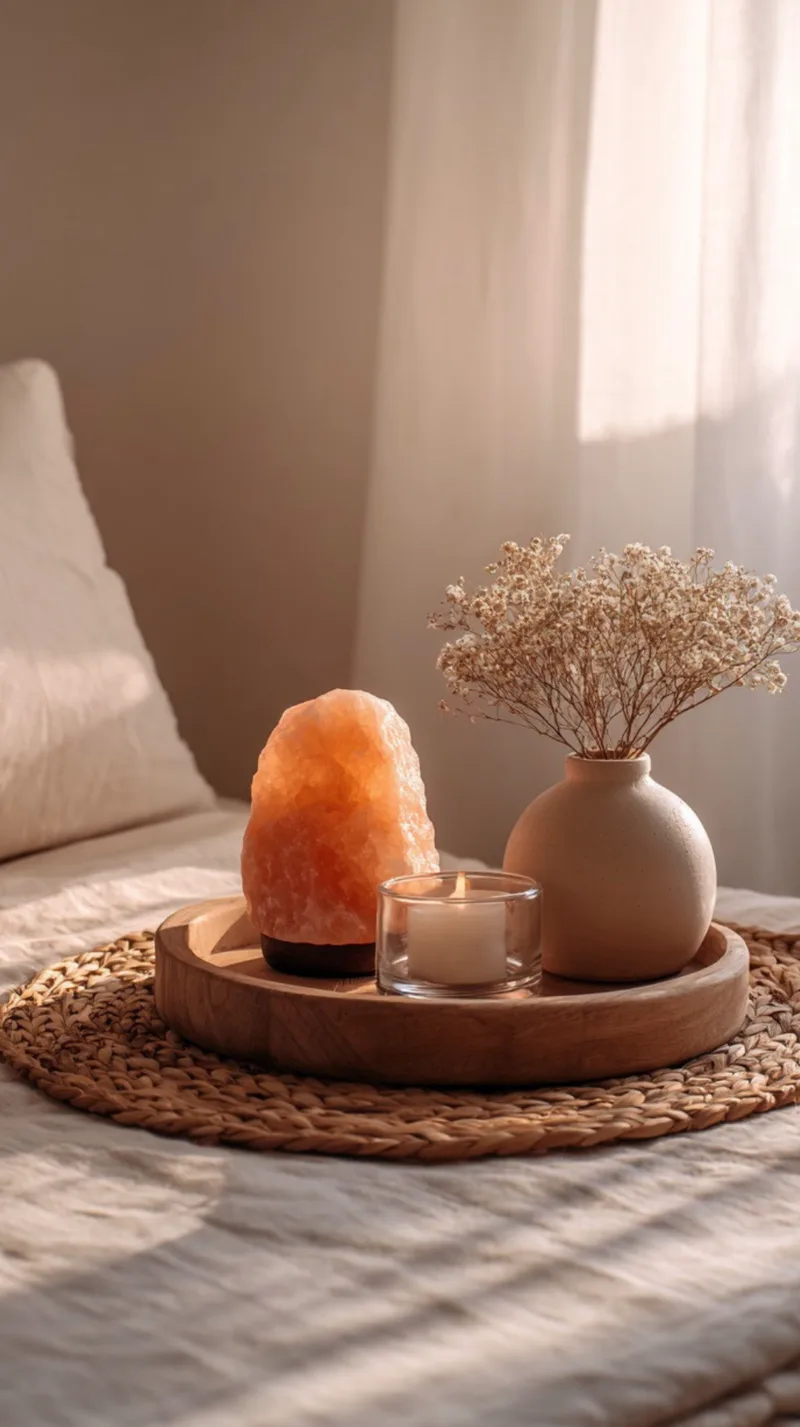 A peaceful bedroom nightstand scene featuring a round wooden tray resting on a woven jute placemat over white linen bedding. The tray holds a small, glowing pink Himalayan salt lamp, a burning tea light candle in a clear glass holder, and a simple ceramic vase filled with delicate dried baby's breath flowers under soft morning sunlight.