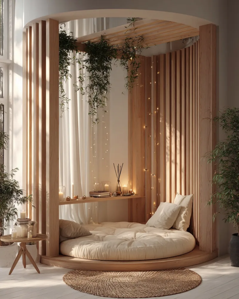 A luxury, modern indoor gazebo meditation nook built from light vertical wood slats forming a semi-circle structure. A large, plush round cream mattress is nestled inside, piled with matching pillows under hanging green vines and delicate fairy lights. A small round wooden side table with lit candles sits on a white floor next to a round jute rug.