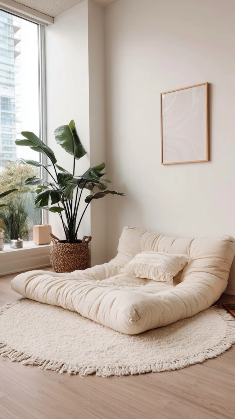 A bright, minimalist zen den corner next to a large floor-to-ceiling window overlooking city buildings. A wide, low-profile cream floor sofa with a fringed accent pillow sits on a round white fringed rug. A tall bird of paradise plant in a woven basket stands in the corner on light hardwood floors beneath a simple framed line art print.