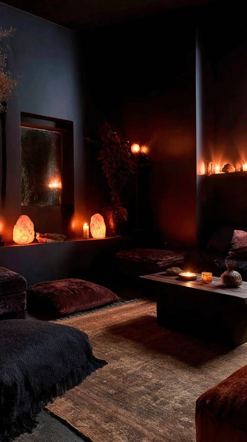 A dark, moody meditation room with charcoal gray walls and dim, warm lighting from candles and glowing salt lamps. Deep plum and dark velvet floor cushions are arranged on a vintage area rug around a low rustic wooden coffee table. A narrow window allows a glimpse of a faint outdoor reflection, adding to the cocoon-like atmosphere.
