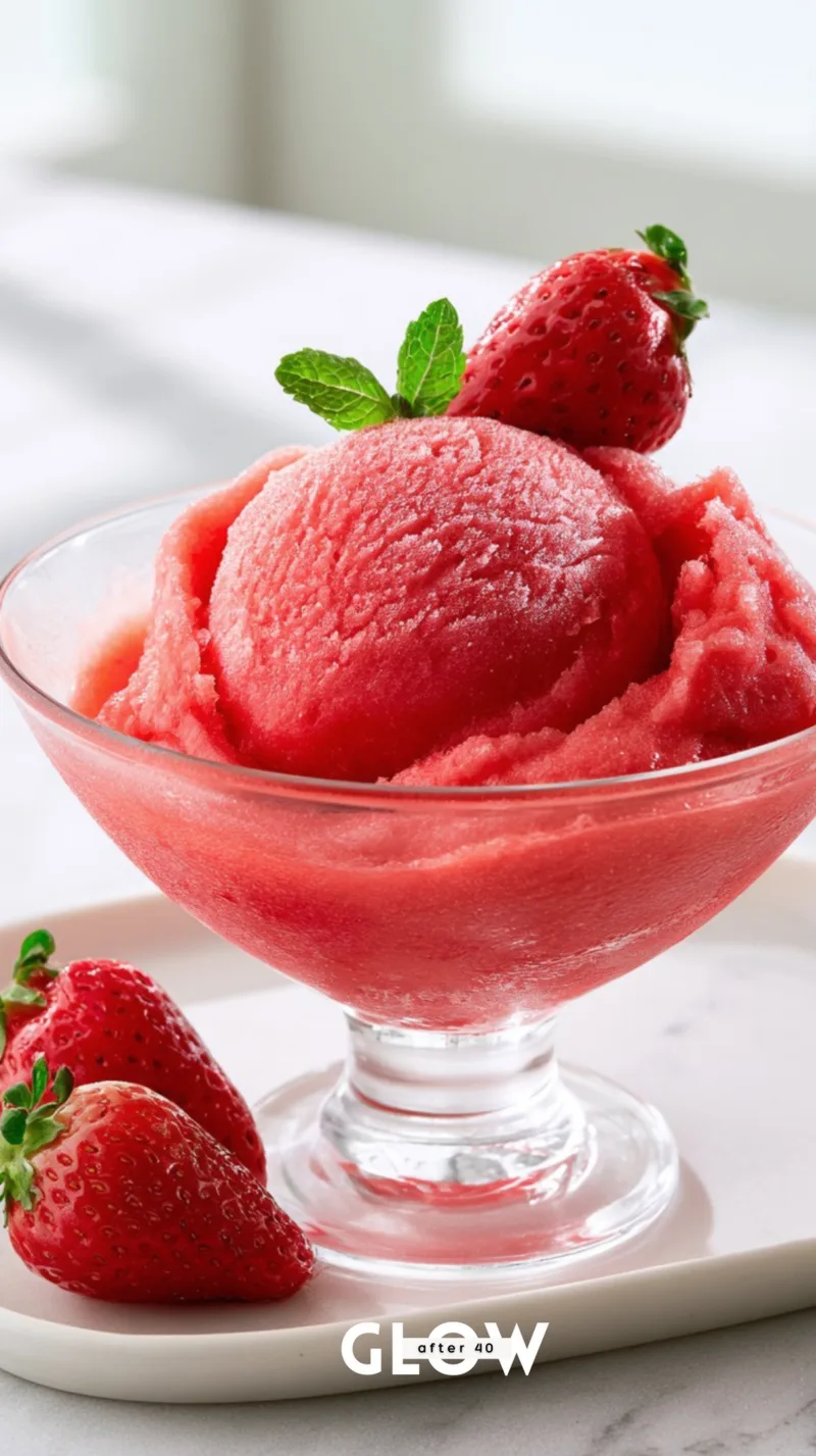 A clear glass stemware dish displaying a smooth scoop of bright red strawberry sorbet, garnished with a fresh strawberry and mint leaves on a white tray.