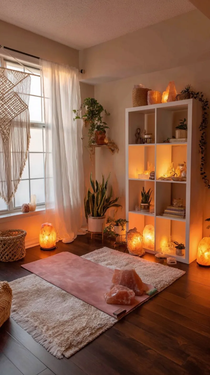 A warm, amber-lit meditation room featuring a pink yoga mat on dark hardwood floors, a plush cream rug, and a large white grid bookshelf filled with glowing Himalayan salt lamps, crystals, and potted snake plants. A sheer white curtain hangs by a window decorated with a bohemian macramé wall hanging.
