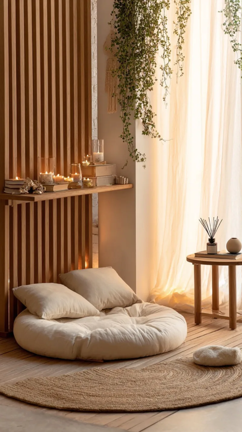 A cozy bedroom zen nook with a large, round cream floor cushion and matching pillows resting on light wood floors. A vertical wooden slatted partition wall stands next to a floating wooden ledge decorated with glowing candles and books. A trailing green ivy plant hangs from the ceiling near a sheer backlit curtain and a small round wooden side table.