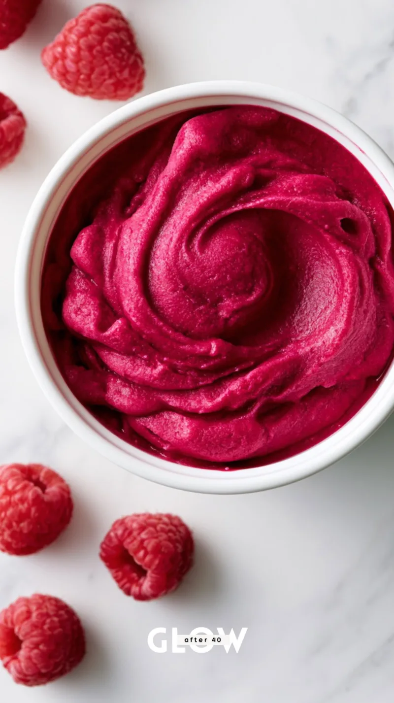 Overhead view of a deep crimson swirled raspberry sorbet inside a round white container, surrounded by loose fresh raspberries on a white marble tabletop.