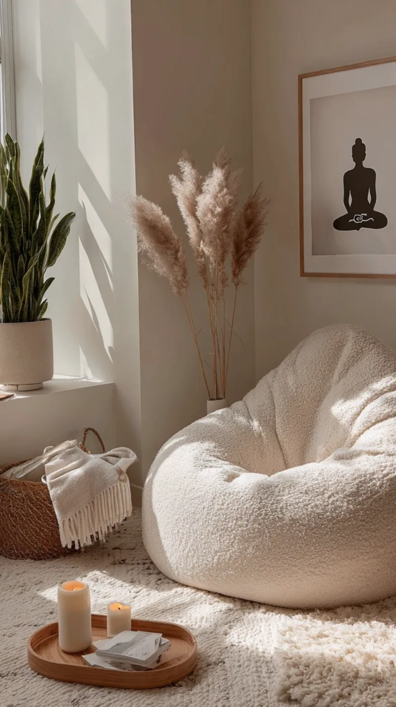 A sunlit reading and journaling corner featuring a large, plush cream boucle bean bag chair on a thick white shag rug. A small wooden tray holds white candles and a journal, while a tall glass vase filled with dried pampas grass stands in the corner next to a framed black-and-white minimalist print of a person meditating. A snake plant sits on the window sill.
