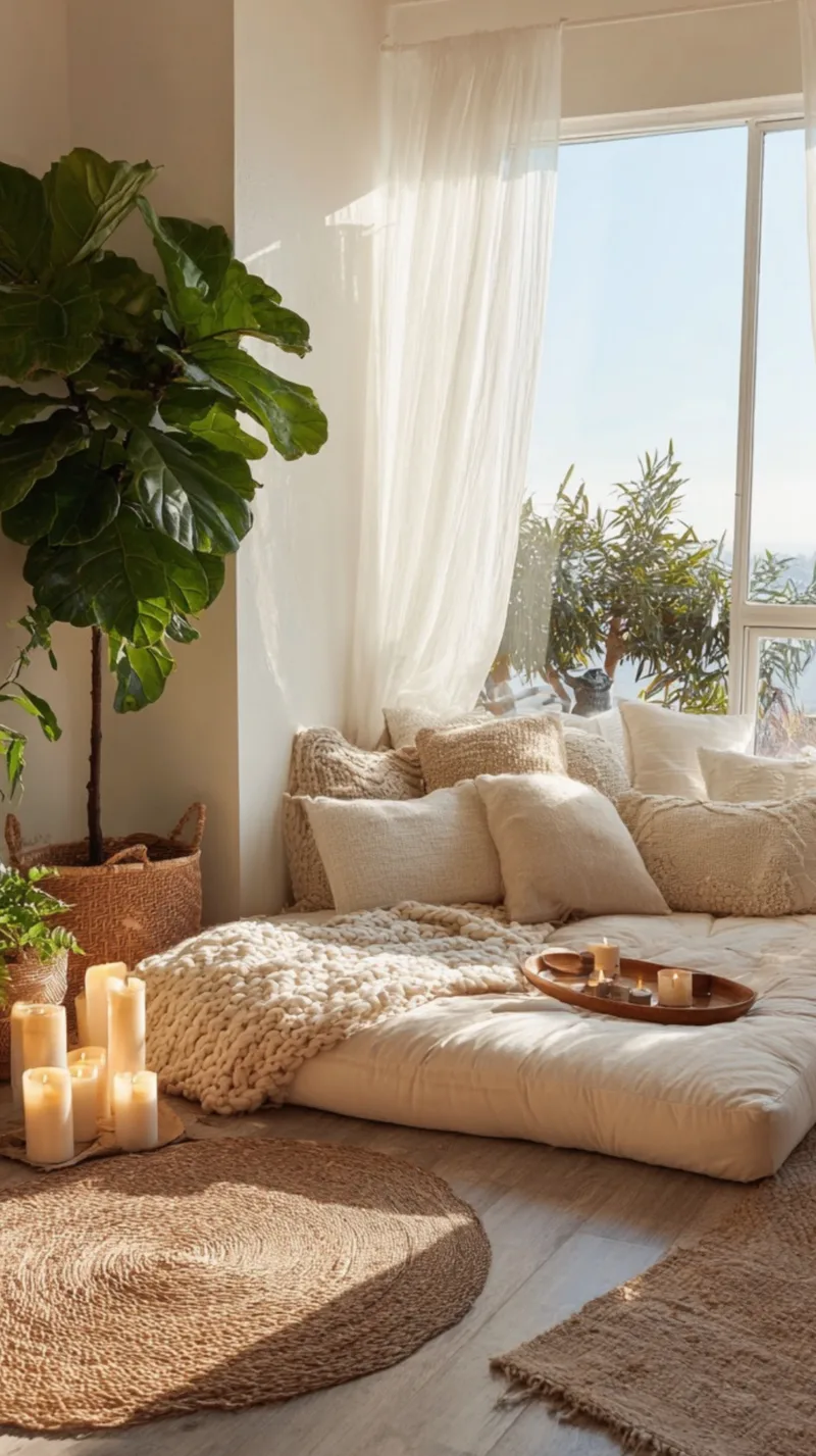 A bright, sunlit healing room filled with natural light pouring through large windows with sheer white curtains. A low cream daybed mattress is piled with neutral throw pillows, textured cushions, and a chunky knit blanket. A large fiddle leaf fig plant sits in a woven basket next to a cluster of glowing white pillar candles on a round jute rug.