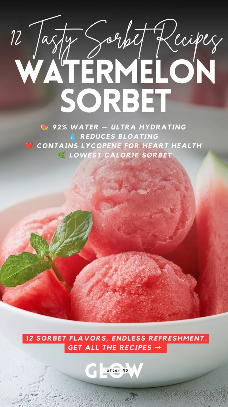 Multiple scoops of pink watermelon sorbet arranged in a white bowl, decorated with a fresh watermelon wedge and a sprig of mint.