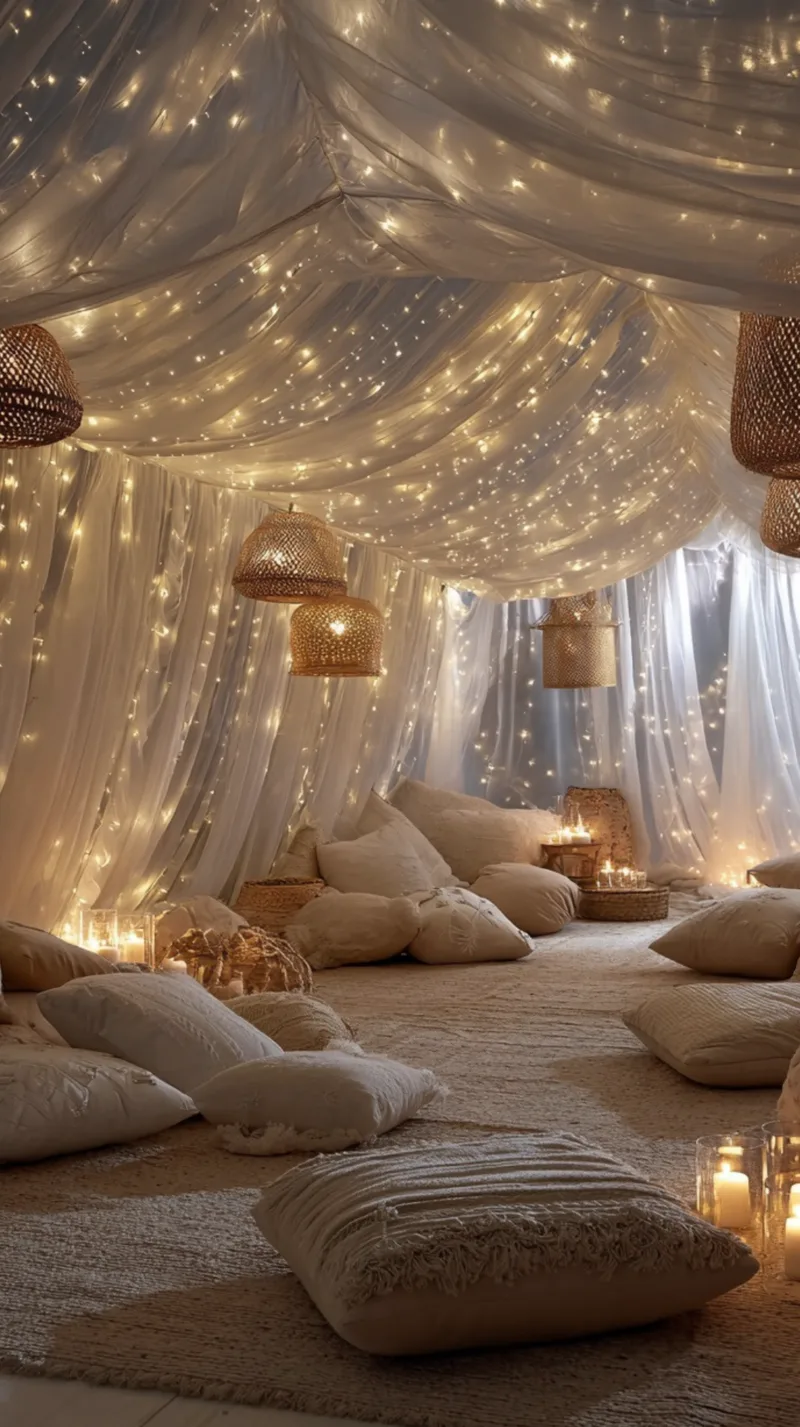 A dreamy, bohemian healing room enclosed by a massive canopy of draped sheer white fabric interwoven with hundreds of twinkling fairy lights. Rattan pendant lights hang from above over a floor covered in numerous cream throw pillows, cushions, and textured rugs with glowing candles in glass holders scattered around.