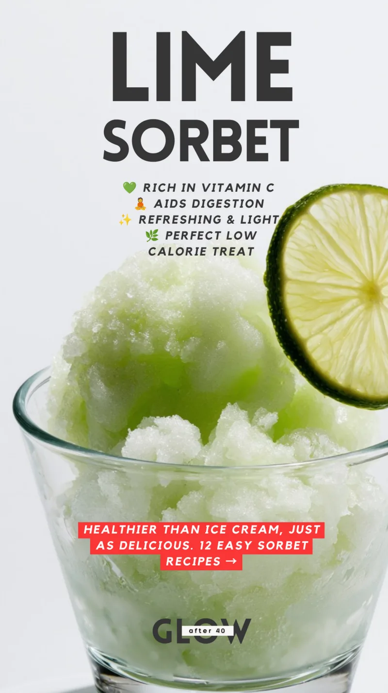 An icy, pale green lime sorbet piled high in a clear glass cup, garnished with a fresh sliced lime wheel against a stark white backdrop.