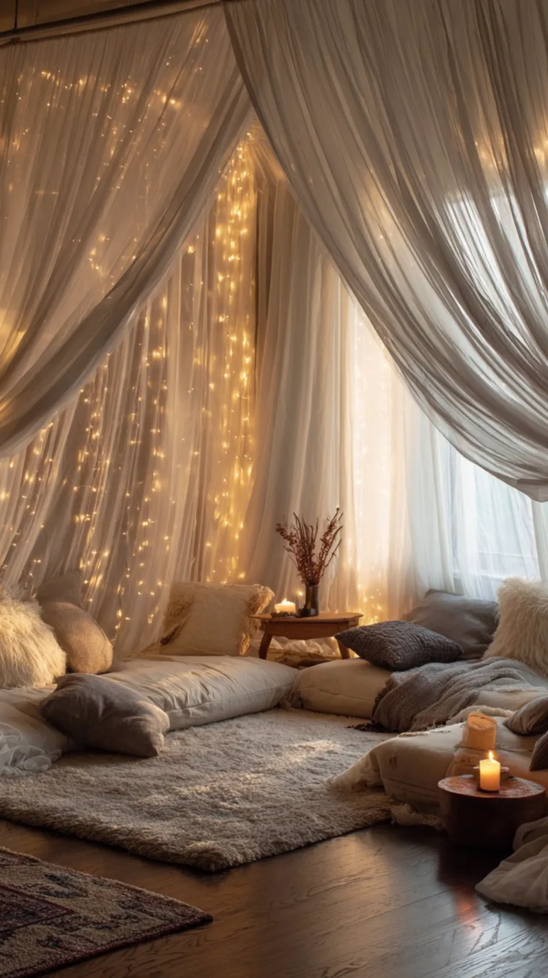 A cozy floor seating area surrounded by dramatically draped sheer cream curtains glowing with built-in string fairy lights. A plush white rug rests on a dark wood floor, piled with neutral pillows and cushions. A small wooden table holds a vase with dried flowers next to a flickering candle in the foreground.