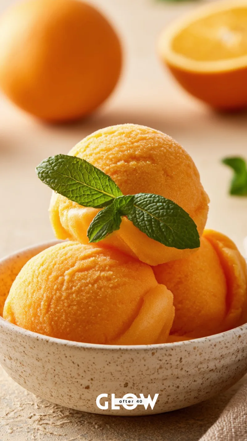 Three vibrant orange sorbet scoops stacked neatly inside a small cream-colored speckled ceramic bowl, topped with fresh green mint leaves.