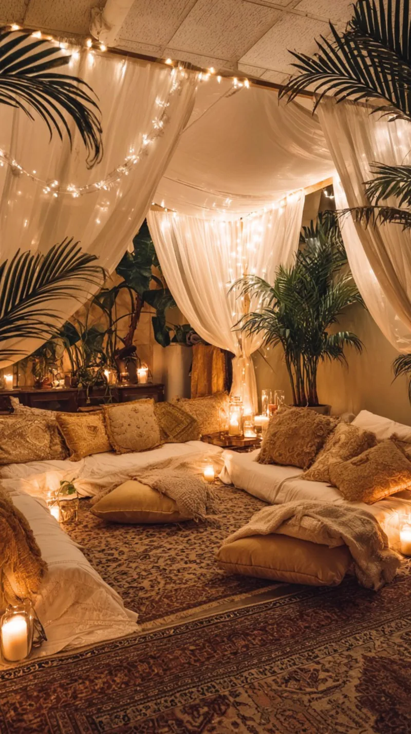 A lush, maximalist bohemian zen den featuring a low, wide u-shaped seating arrangement piled with ornate patterned cream cushions, fringe pillows, and soft throws. Sheer white canopy drapes with twinkling string lights frame the ceiling, while large tropical palm and monstera plants flank the sides over a vintage Persian area rug surrounded by glowing candles.