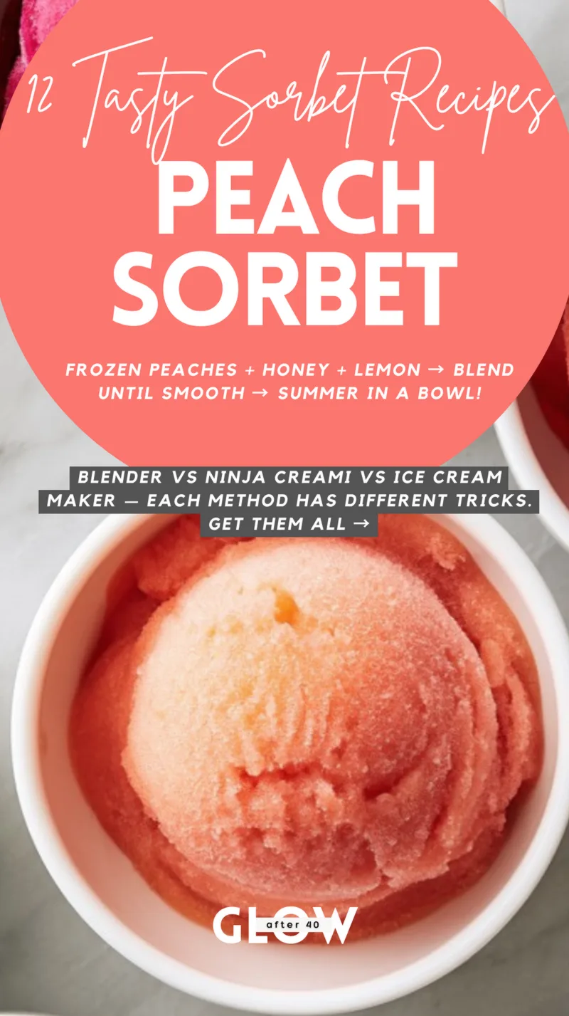 A soft peach-colored scoop of smooth fruit sorbet viewed from above inside a white container on a clean marble surface.