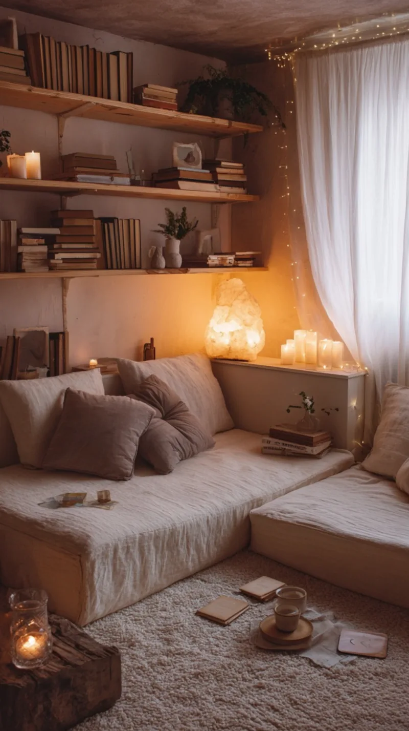 A low-profile cream linen sectional daybed tucked into a corner under rustic wooden shelves packed with books. A glowing chunk of a Himalayan salt lamp sits on a ledge next to a cluster of white candles, while fairy lights frame a sheer white window curtain. Small books and teacups on a tray rest on a thick white carpet.